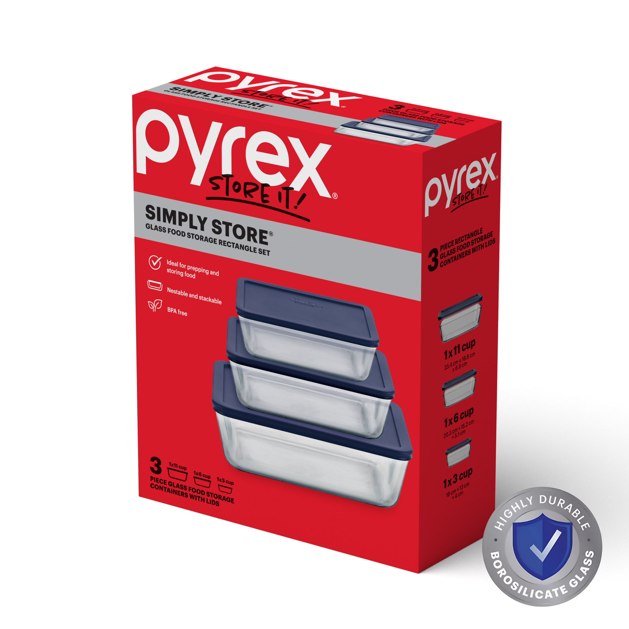 Pyrex Simply Store Glass Container 3 Piece Set (3 6 2.6L - Navy Blue)