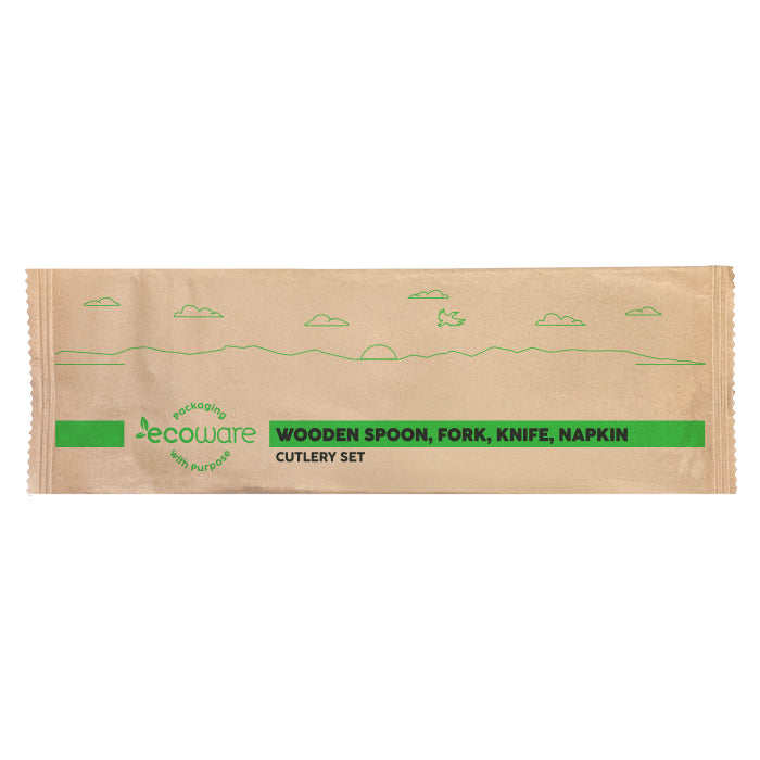 ecoware Wooden Spoon Fork Knife Napkin Set (Carton of 400 Sets)