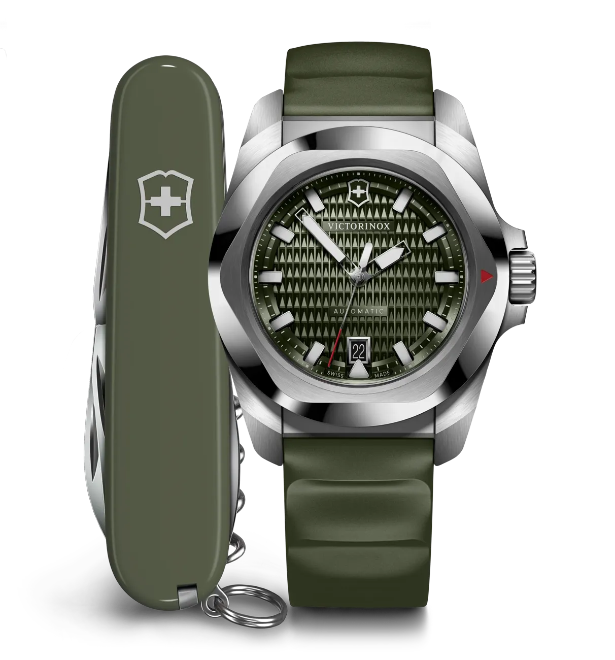 Victorinox I.N.O.X. Automatic & Swiss Army Knife 41 Green Rubber Strap - Green Dial