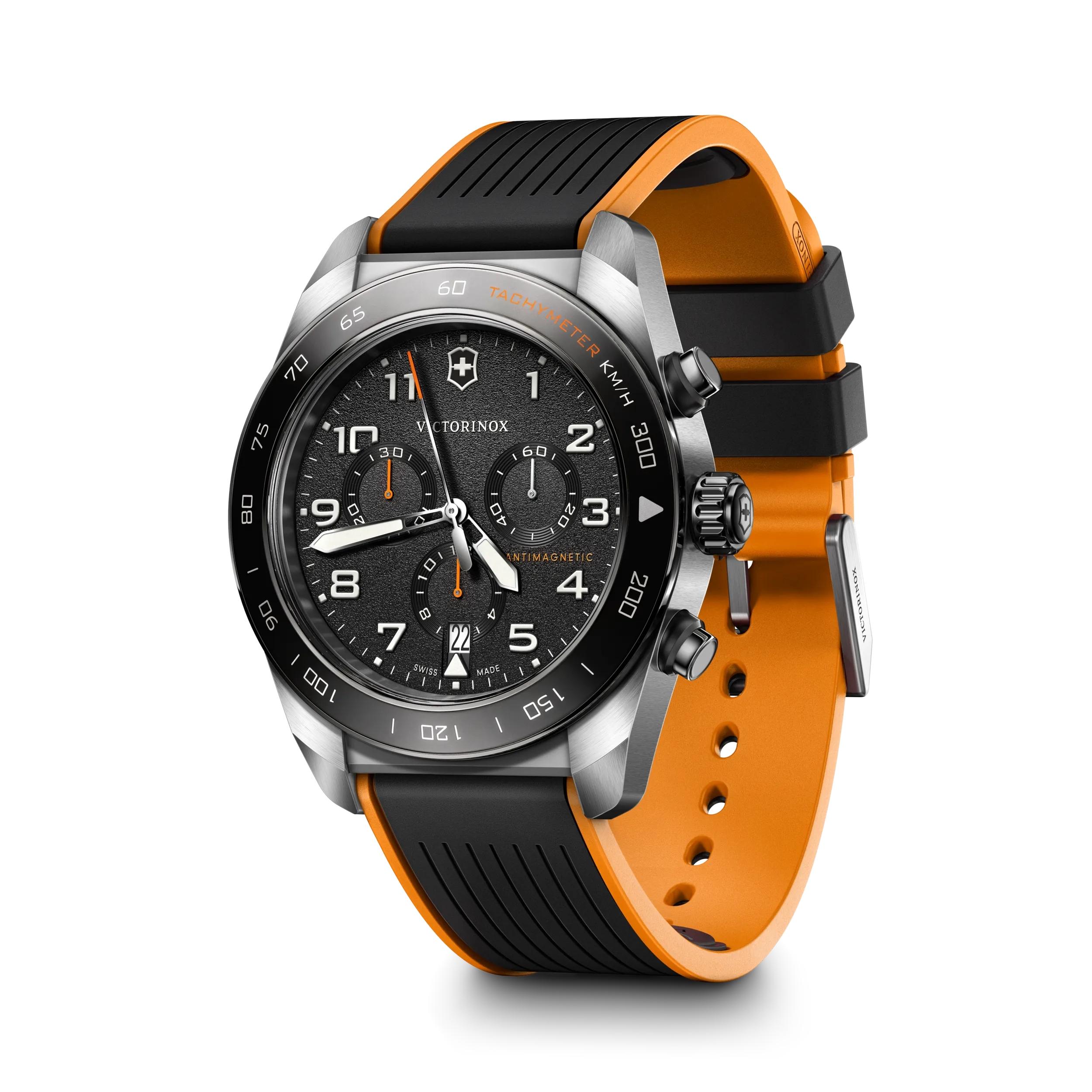 Victorinox Swiss Army Chronograph Black Dial on Black and Orange Rubber Strap