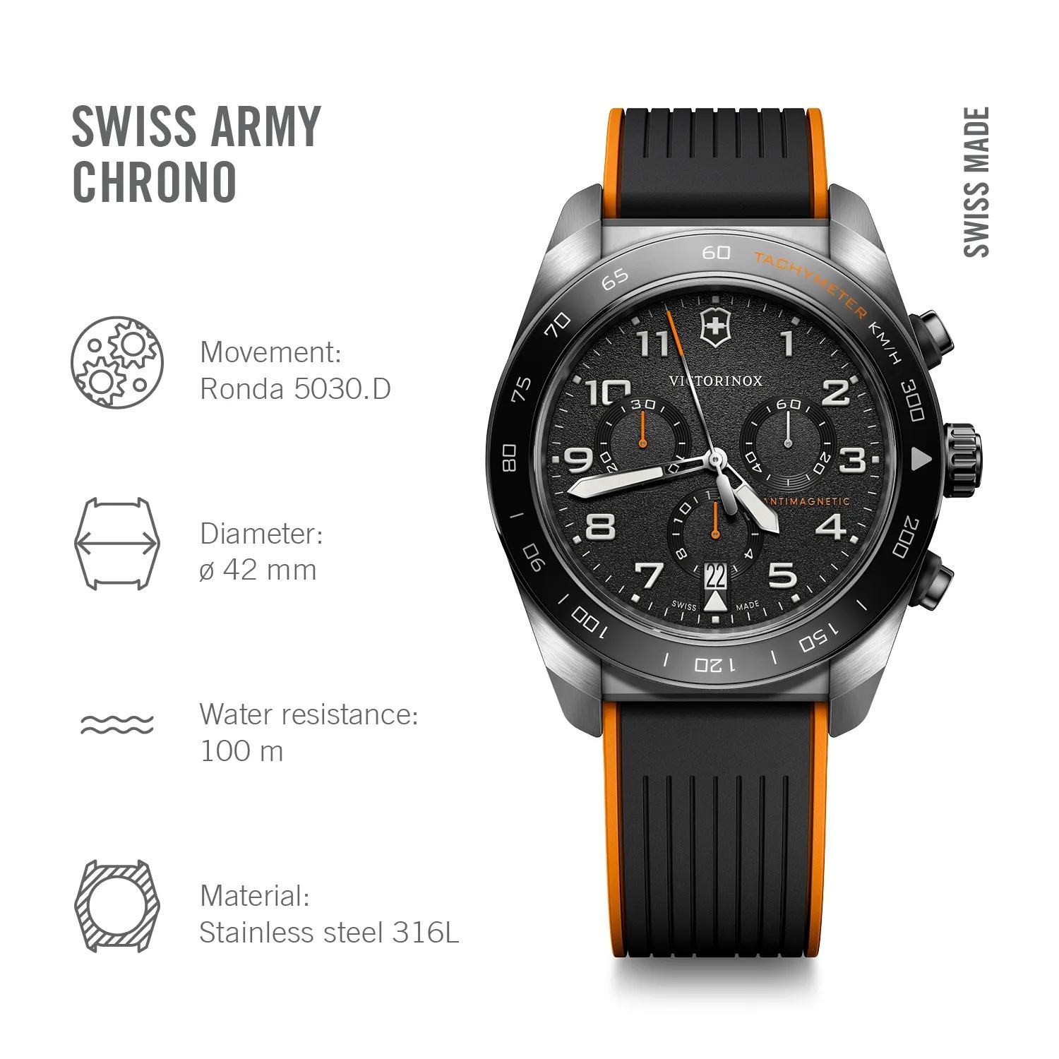 Victorinox Swiss Army Chronograph Black Dial on Black and Orange Rubber Strap
