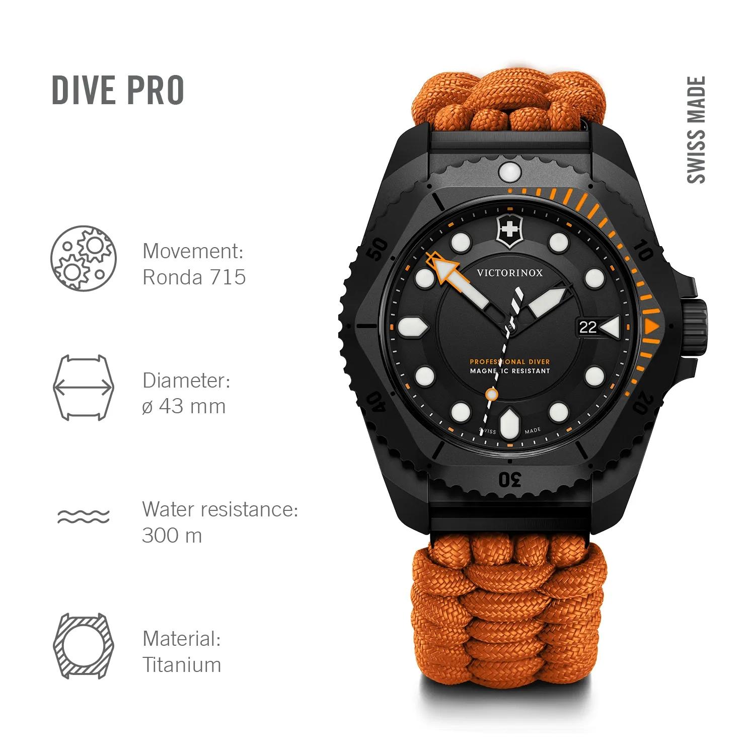 Victorinox Dive Pro Quartz Black Dial on Orange Paracord Strap