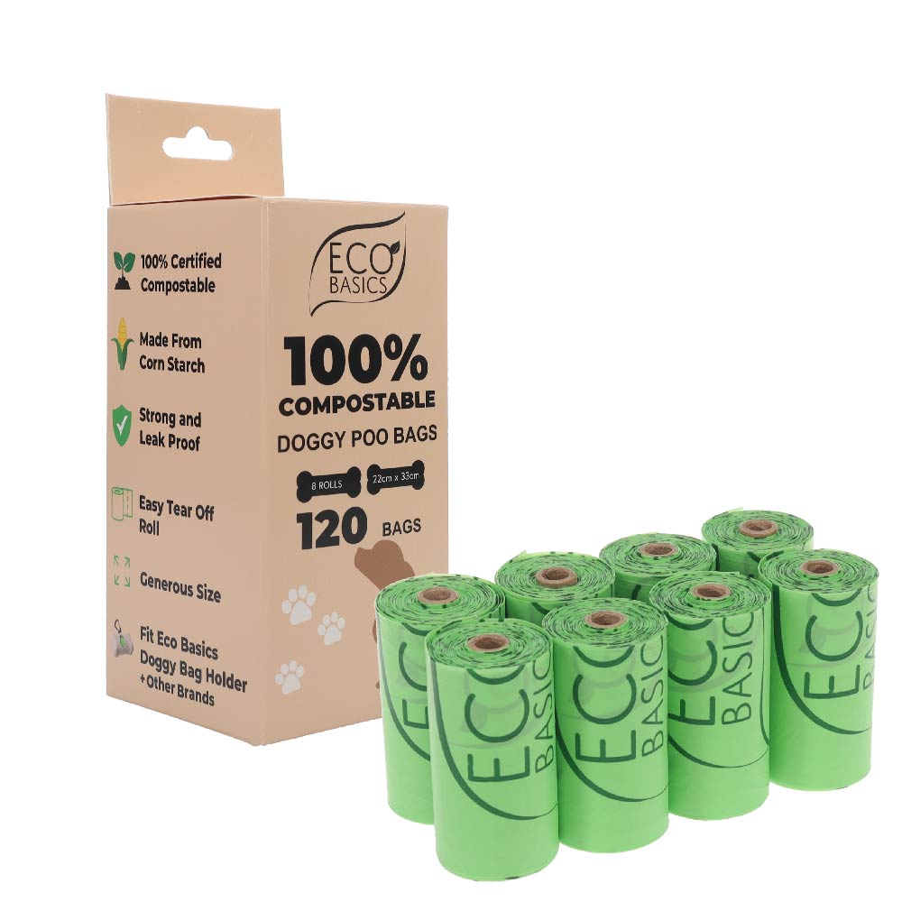 Eco Basics 100% Compostable Doggy Bags 8 Rolls, 120 Bags