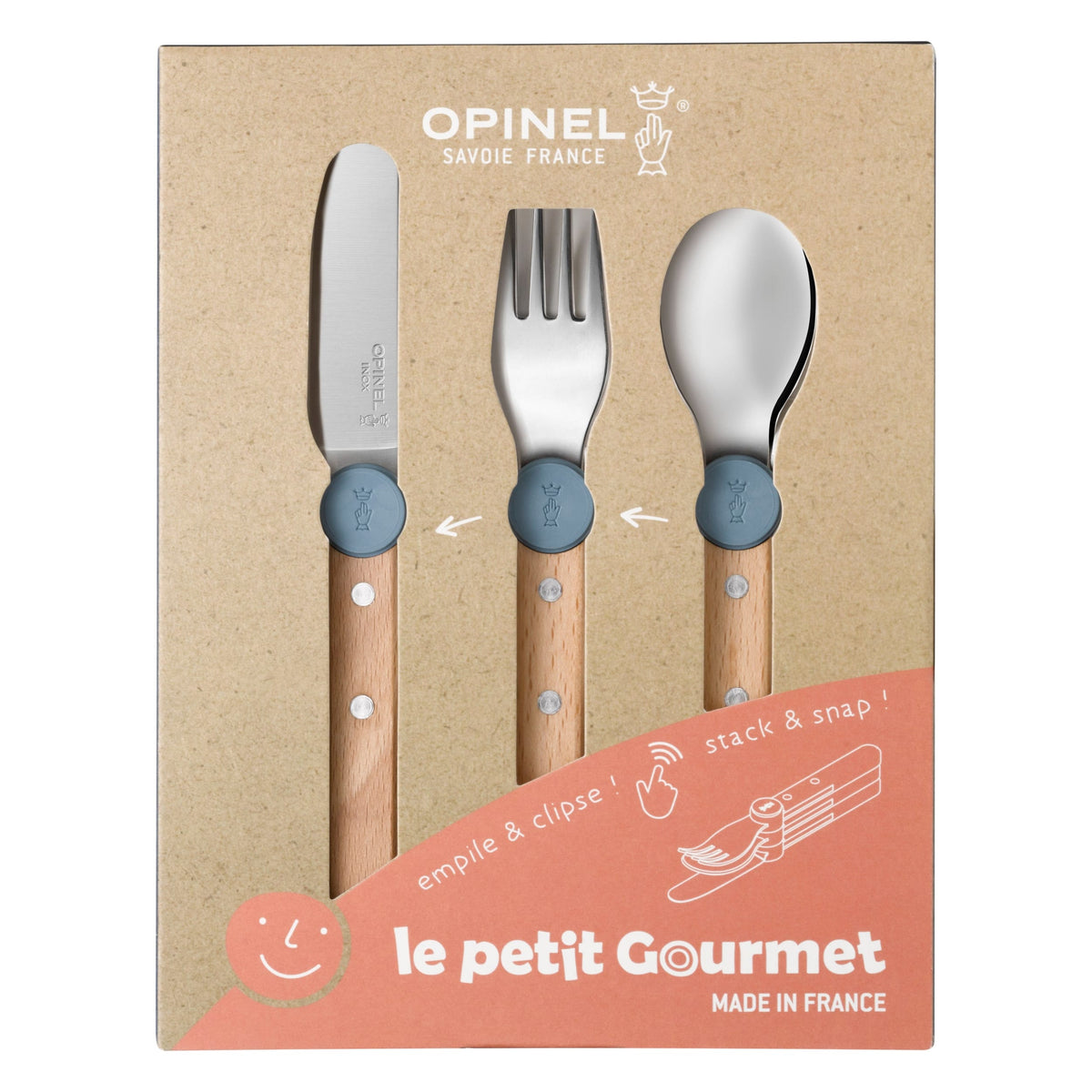 Opinel Le Petit Gourmet Kids 3 Piece Cutlery Set Rain Blue