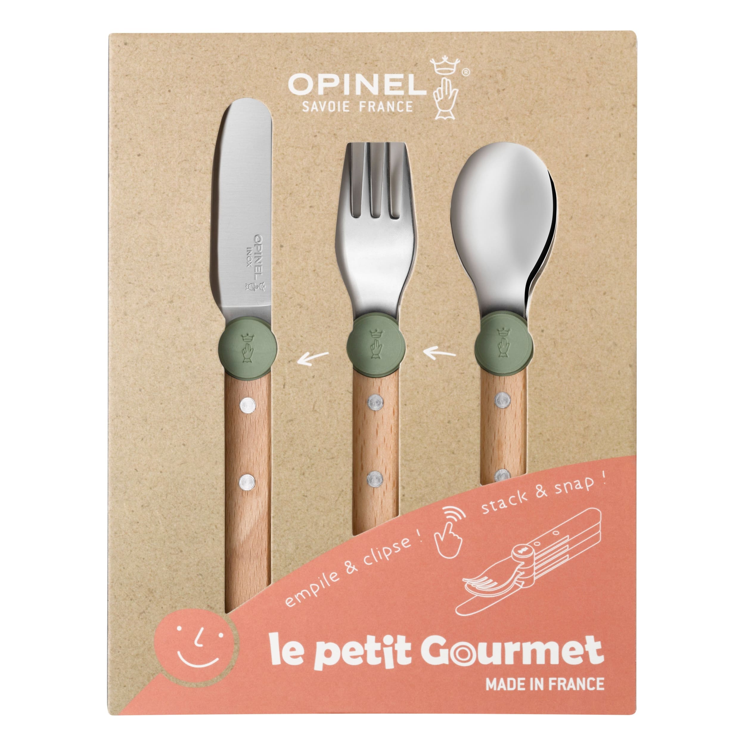 Opinel Le Petit Gourmet Kids 3 Piece Cutlery Set Olive Green