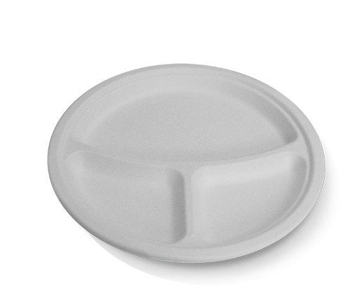 ecoware Sugarcane Round Plate 10 inch 3 Compartment (Carton of 500)