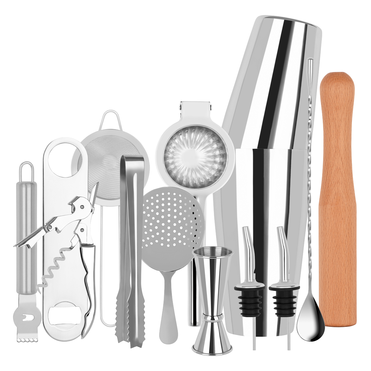 Zanzi Cocktail Set 14pc Stainless Steel In Bartender Roll