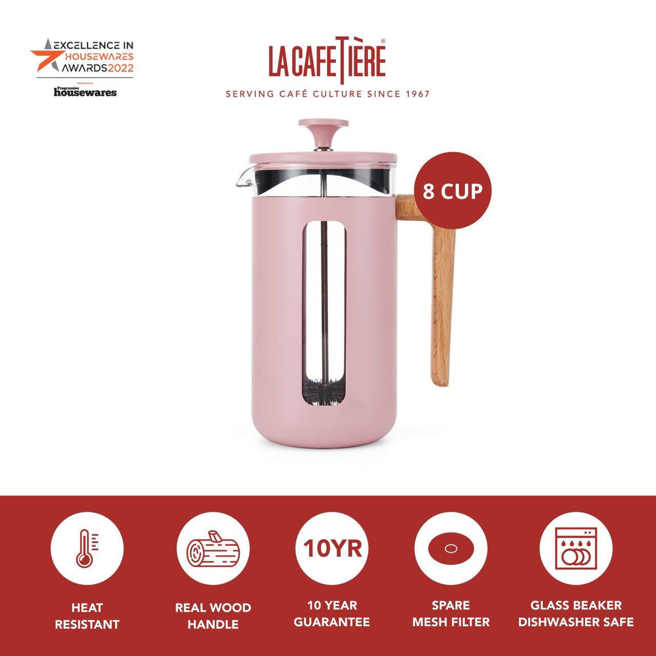 La Cafetière Pisa Stainless Steel Cafetière 8 Cup / 1L (Pink)