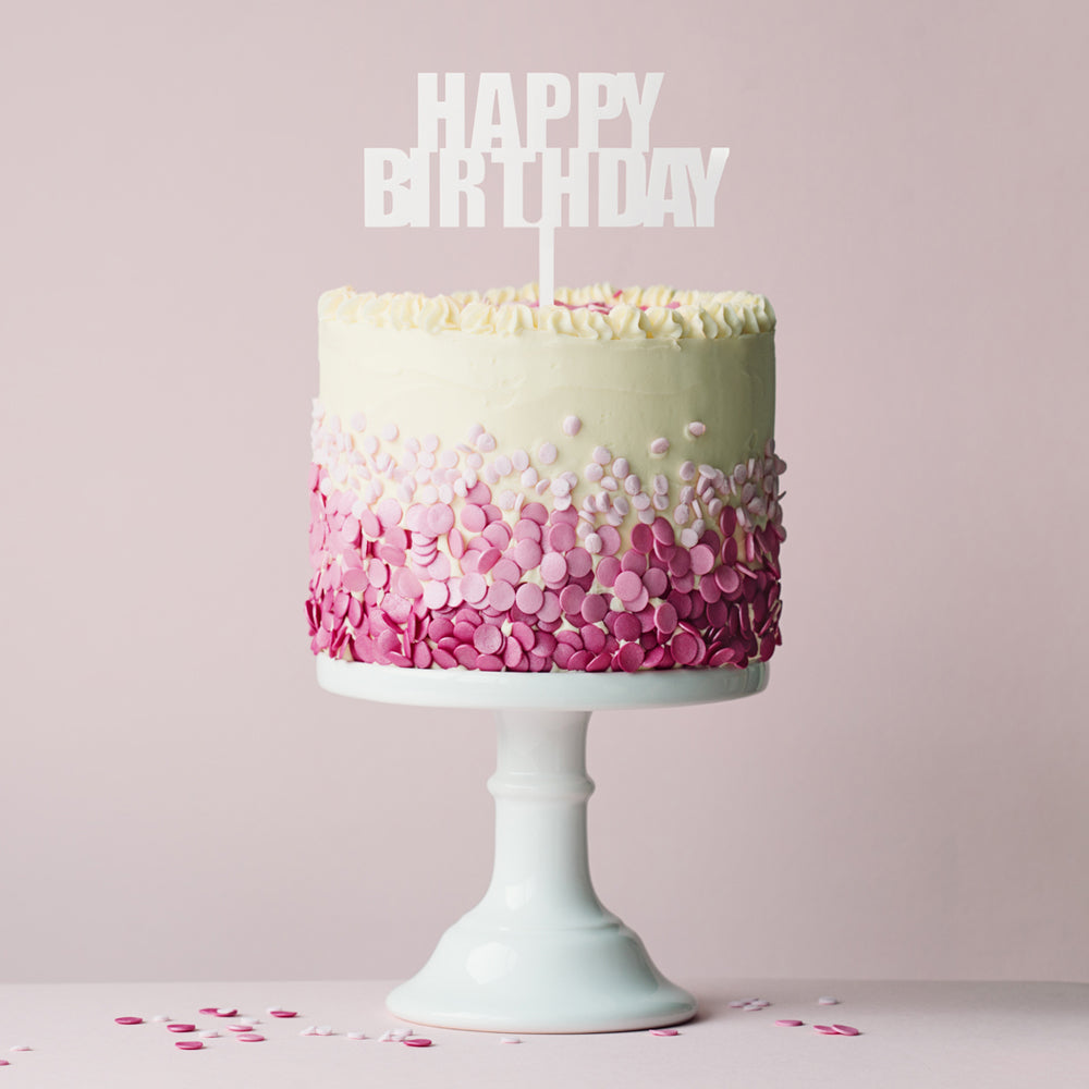 Cake & Candle Bold Happy Birthday Cake Topper White