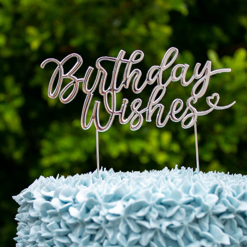 Cake & Candle Metal Cake Topper Birthday Wishes Silver