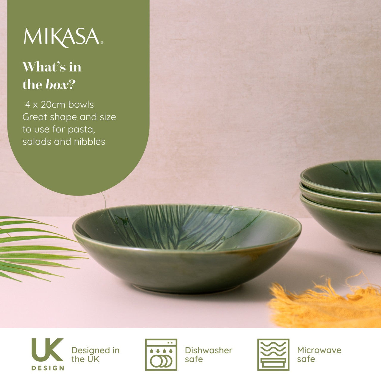 Mikasa Jardin Stoneware Pasta Bowl Set 4 Piece 20cm (Green)