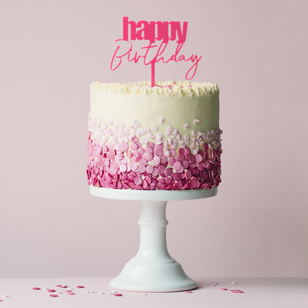 Cake & Candle Cursive Happy Birthday Cake Topper Pink