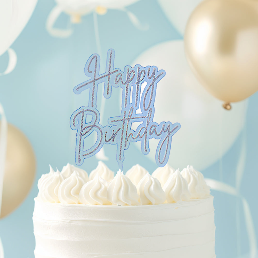 Cake & Candle Layered Cake Topper Happy Birthday Silver Light Blue