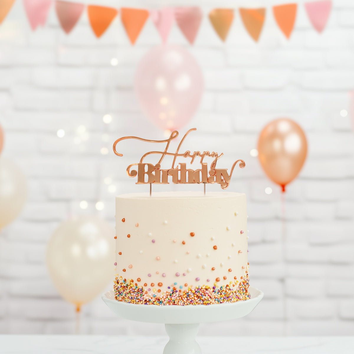 Cake & Candle Metal Cake Topper Happy Birthday 1 Rose Gold