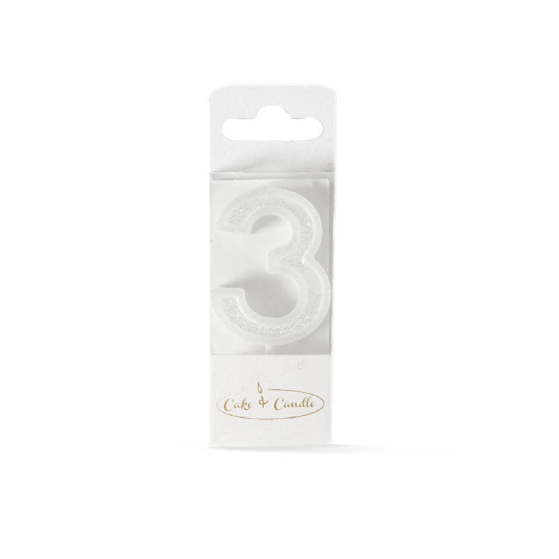 Cake & Candle Mini Glitter Candle White Number 3