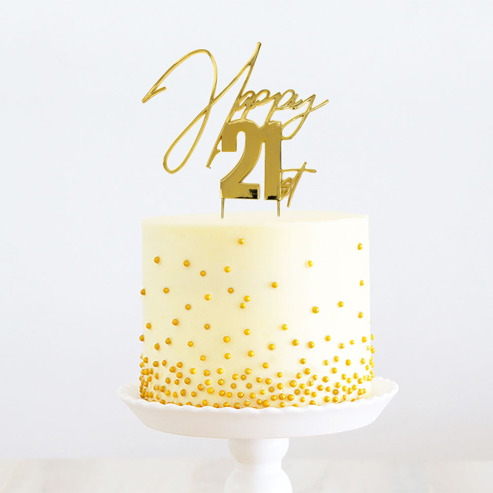 Cake & Candle Metal Cake Topper Happy 21st Gold