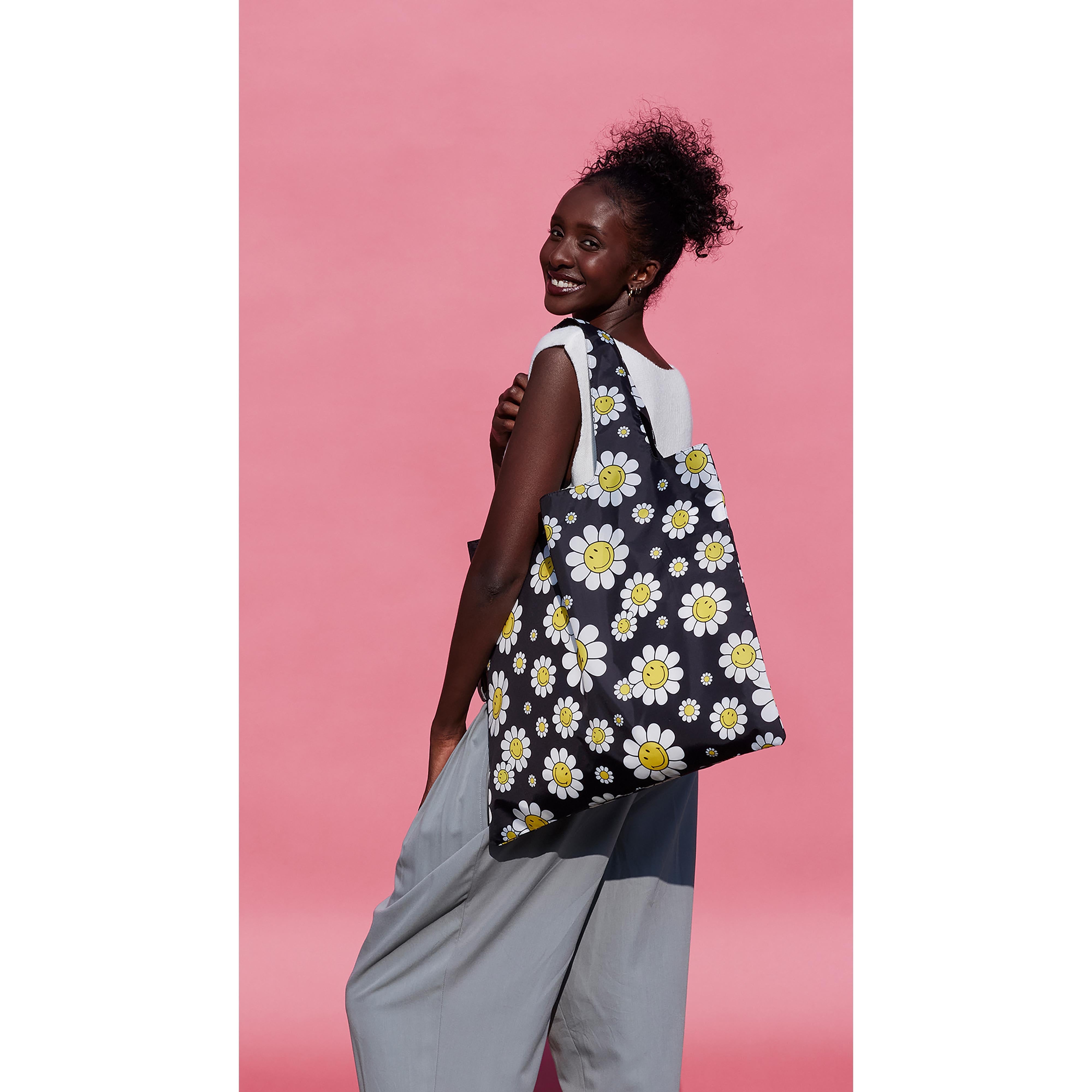 LOQI Smiley Flowers Tote Bag Black