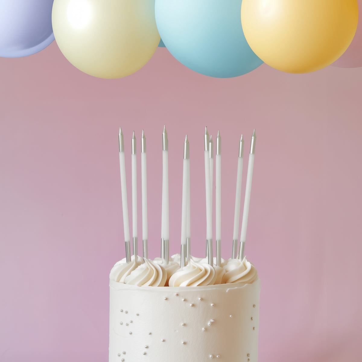 Cake & Candle Double Dipped Cake Candles Silver & White 15cm 12 Pack