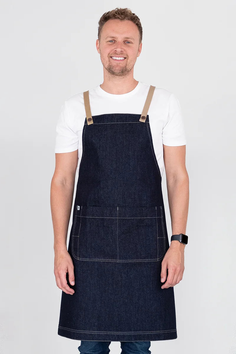 Aussie Chef Archie Bib Apron - Denim with Coffee Straps