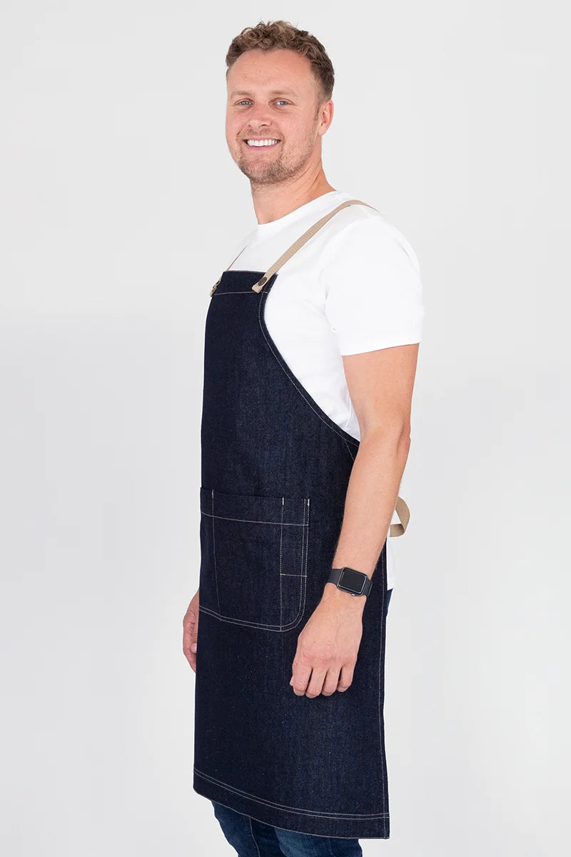 Aussie Chef Archie Bib Apron - Denim with Coffee Straps