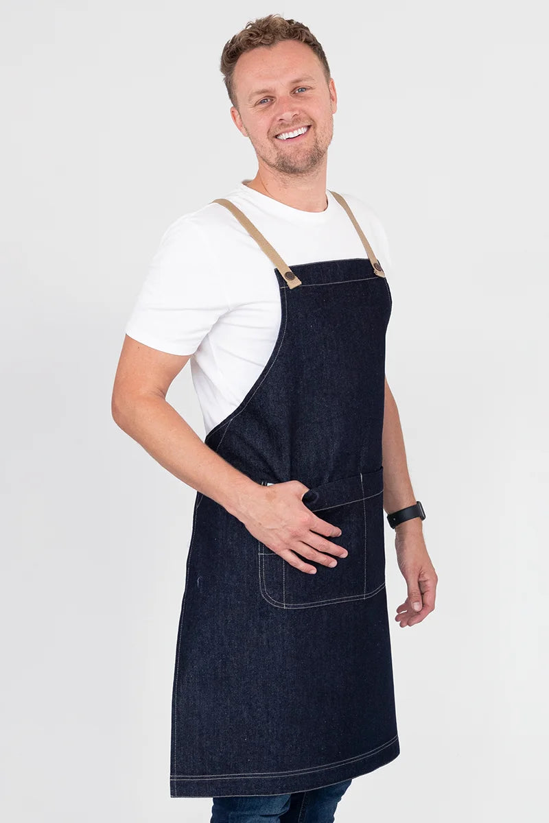 Aussie Chef Archie Bib Apron - Denim with Coffee Straps