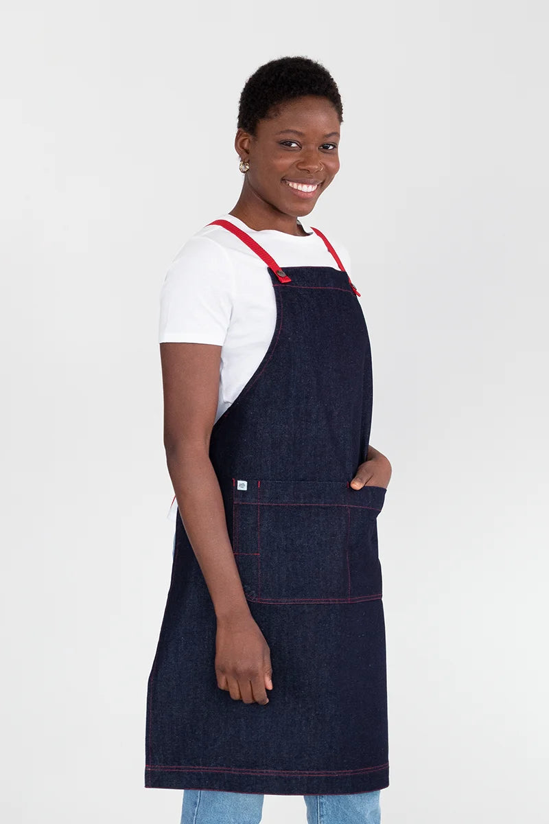 Aussie Chef Archie Bib Apron - Denim with Red Straps