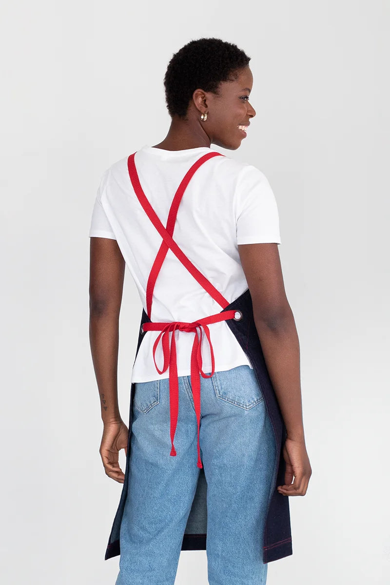 Aussie Chef Archie Bib Apron - Denim with Red Straps