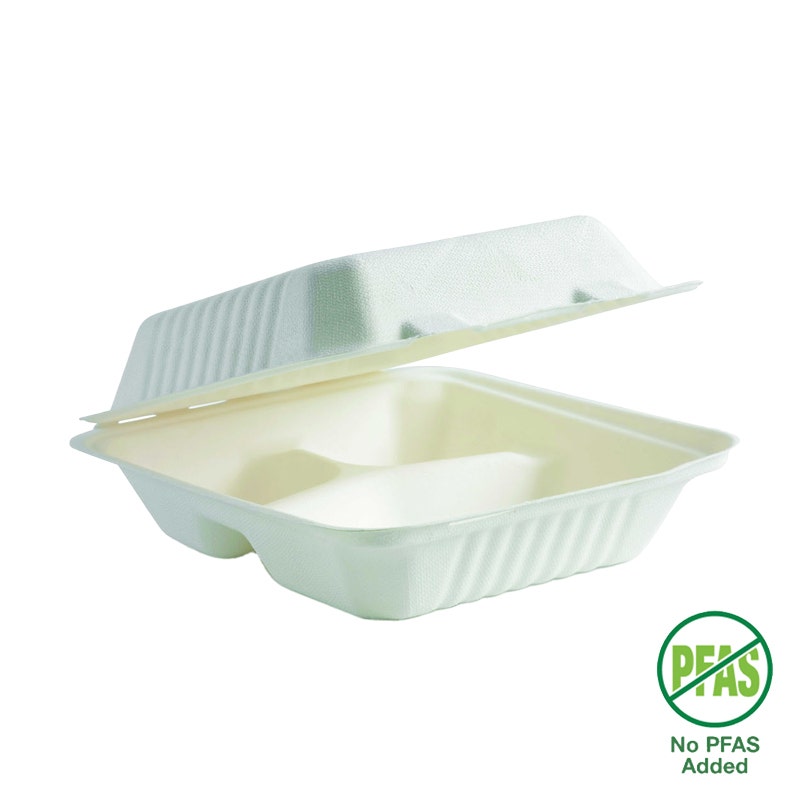 BioPak 20x22x8cm / 7.8x8x3" 3-Compartment White Plant Fibre Clamshell