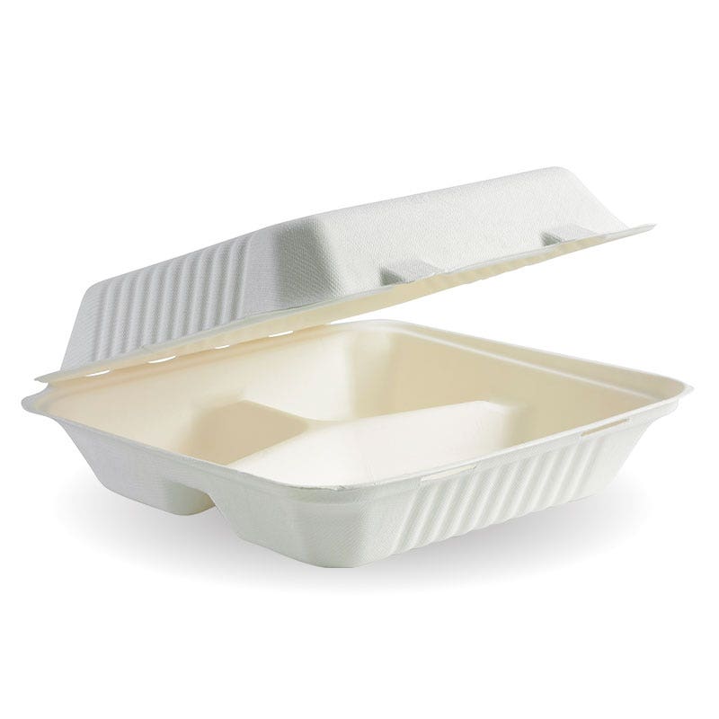 BioPak 23x23x8cm 3-Compartment White Plant Fibre Clamshell