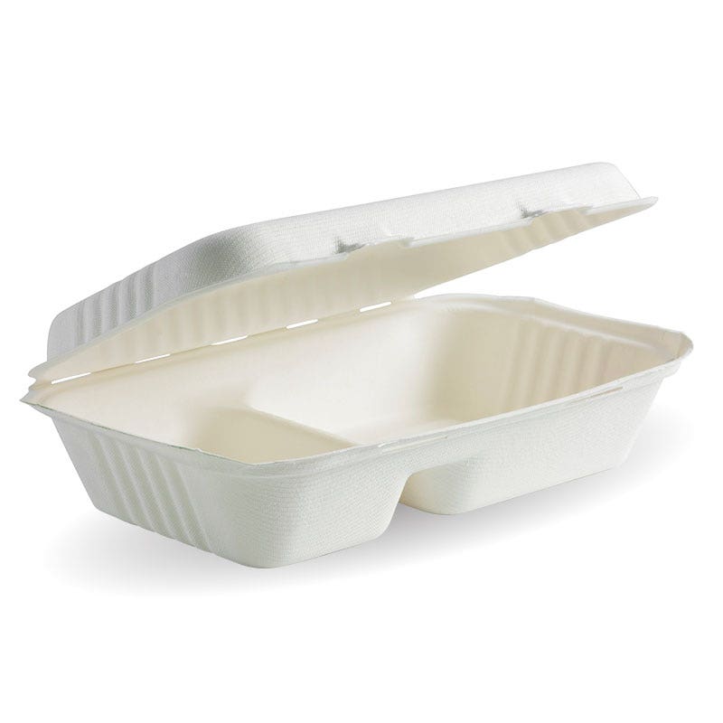 BioPak 23x15x8cm / 9x6x3in 2-Compartment White Plant Fibre Clamshell