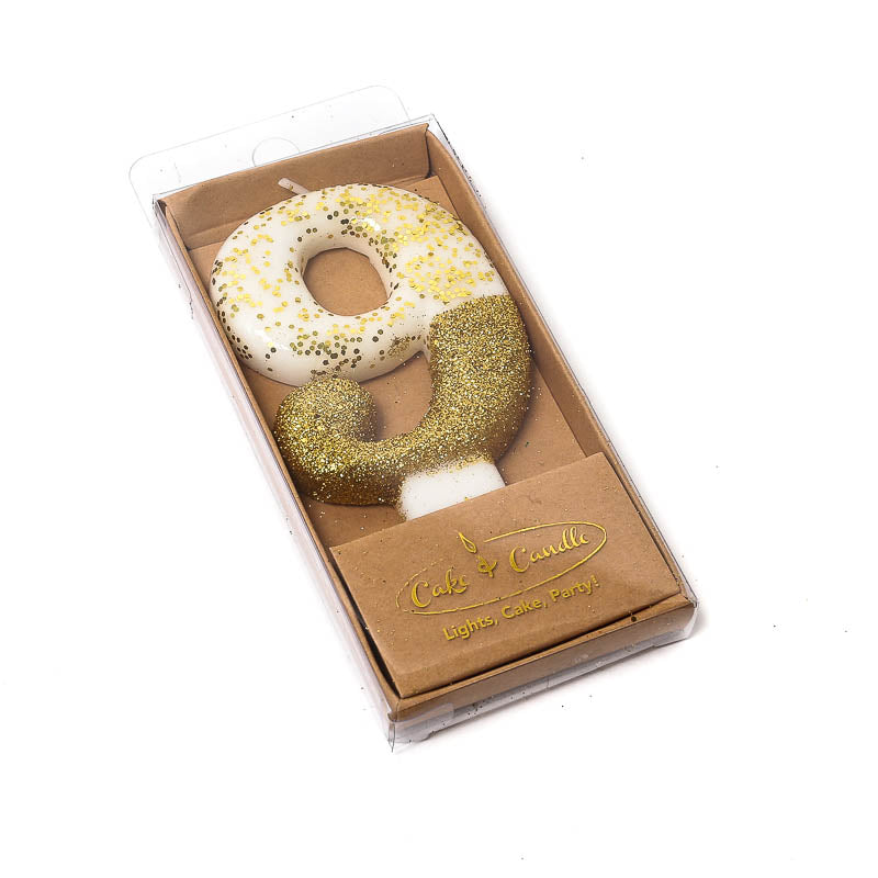 Cake & Candle Glitter Dipped Candle Number 9 Gold 8cm