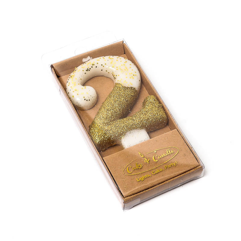 Cake & Candle Glitter Dipped Candle Number 2 Gold 8cm