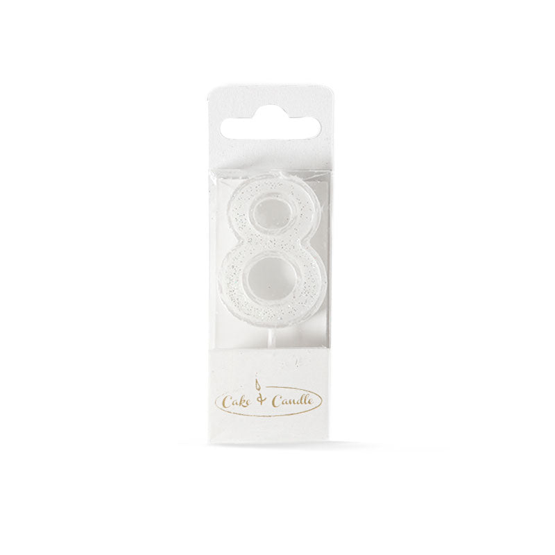 Cake & Candle Mini Glitter Candle White Number 8
