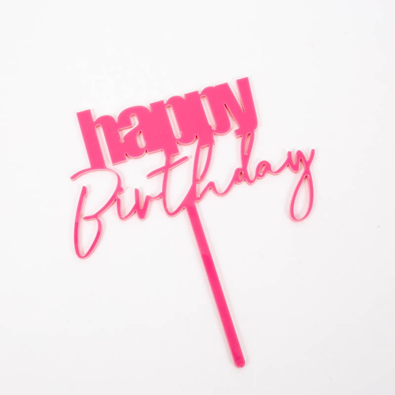 Cake & Candle Cursive Happy Birthday Cake Topper Pink