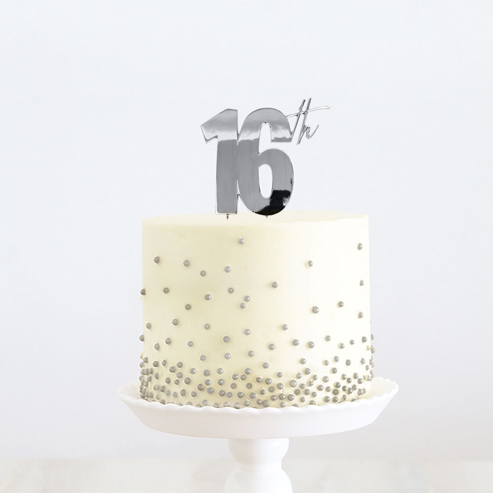 Cake & Candle Metal Cake Topper 16th Silver