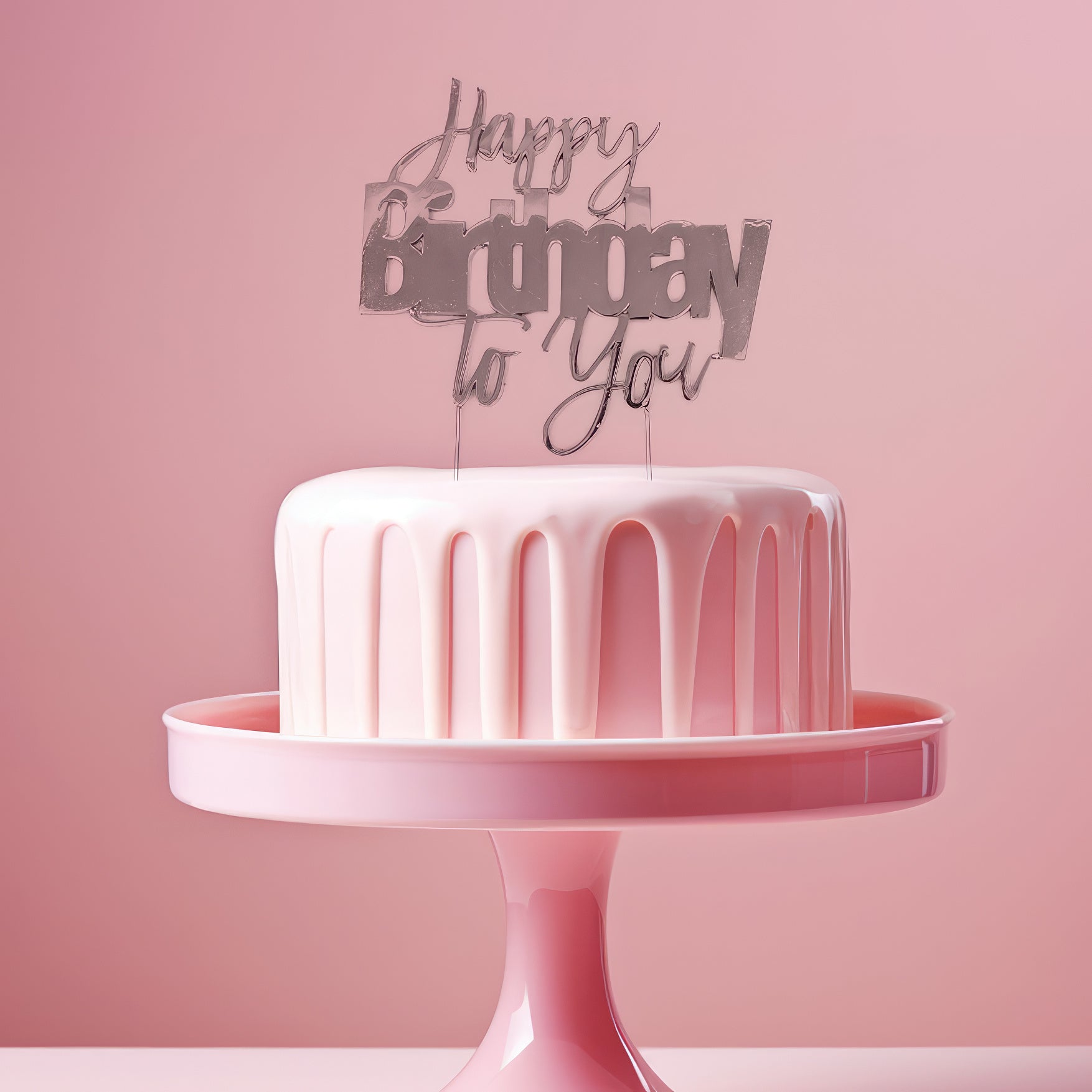 Cake & Candle Metal Cake Topper Happy Birthday to You Silver