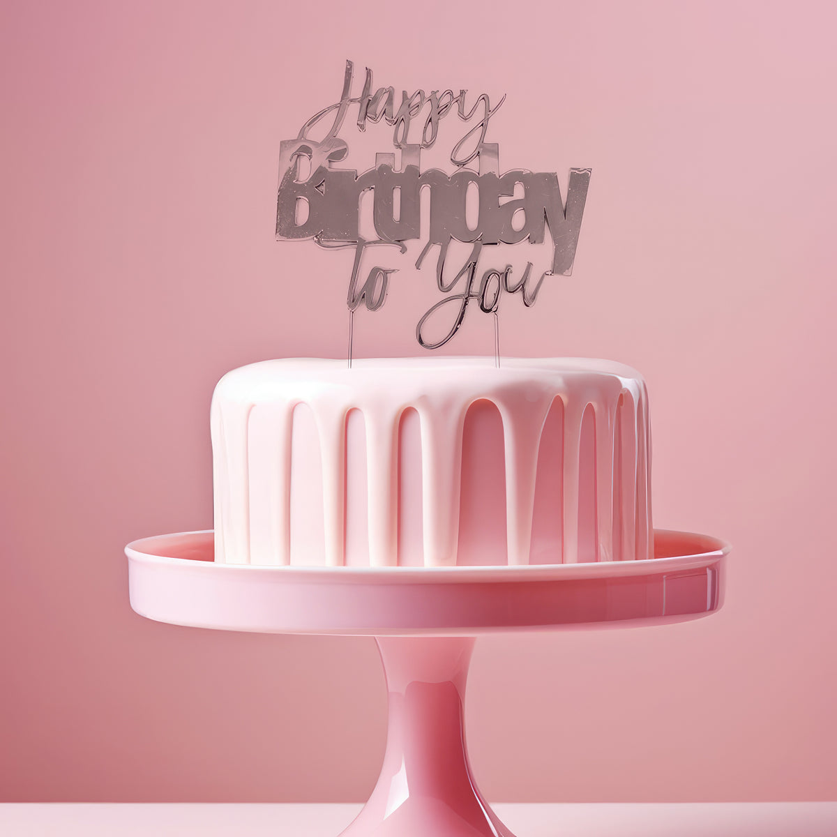 Cake & Candle Metal Cake Topper Happy Birthday to You Silver