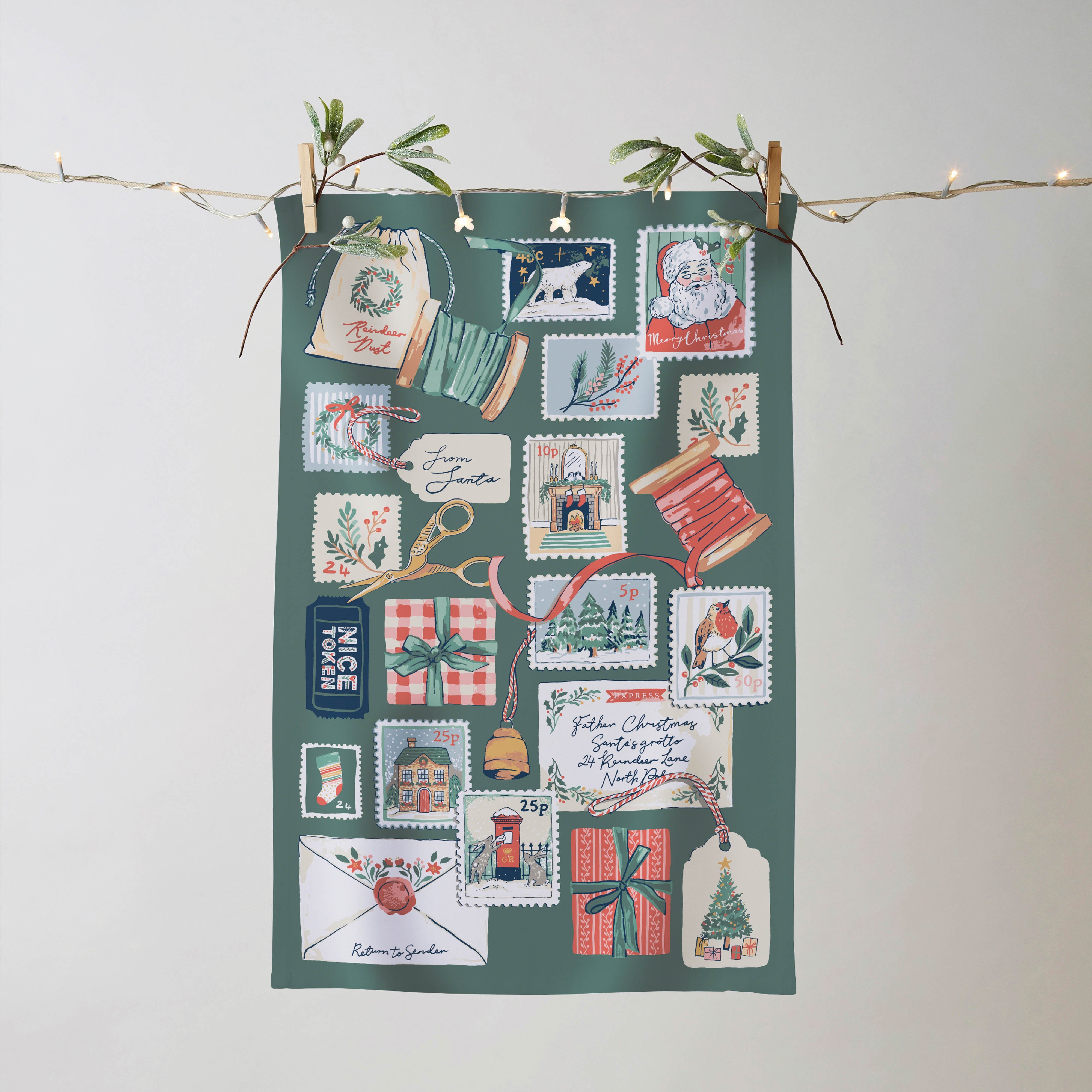 Ulster Weavers Letters to Santa Tea Towel Green
