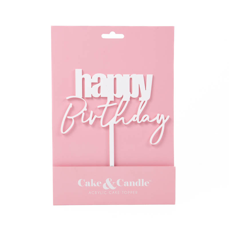 Cake & Candle Cursive Happy Birthday Cake Topper White