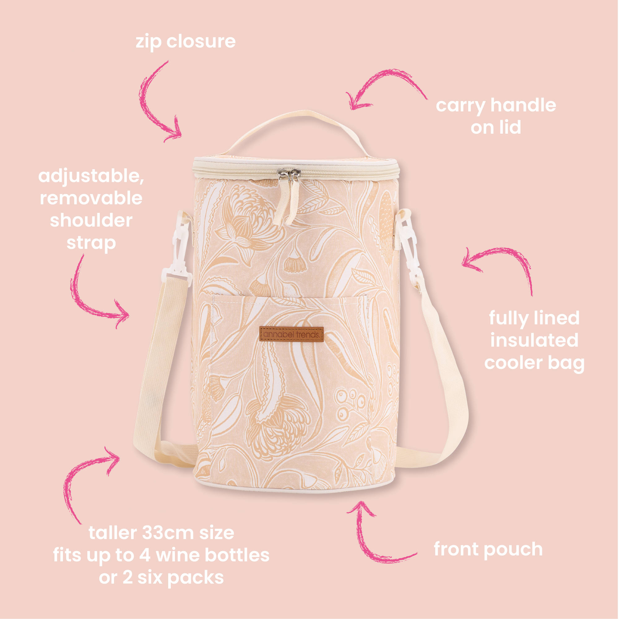 Annabel Trends Picnic Cooler Bag Tall Barrel Trailing Natives Tan