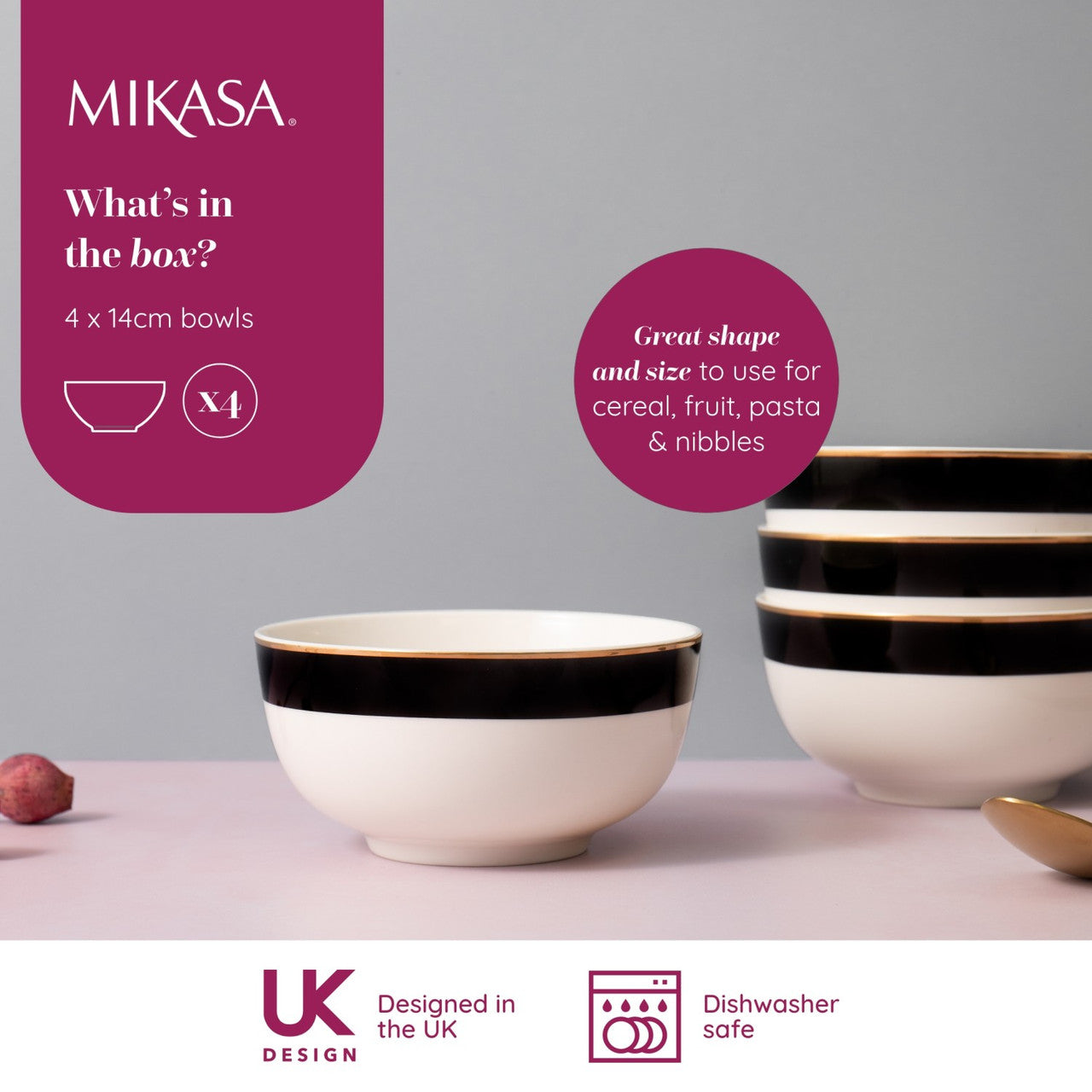 Mikasa Luxe Deco Fine China Cereal Bowl Set 4 Piece 14cm