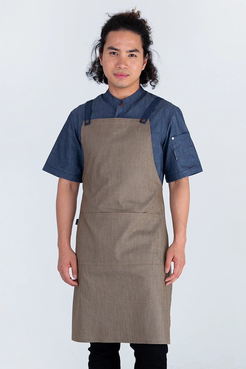 Aussie Chef Bella Bib Apron - Latte Brown-Blue Straps