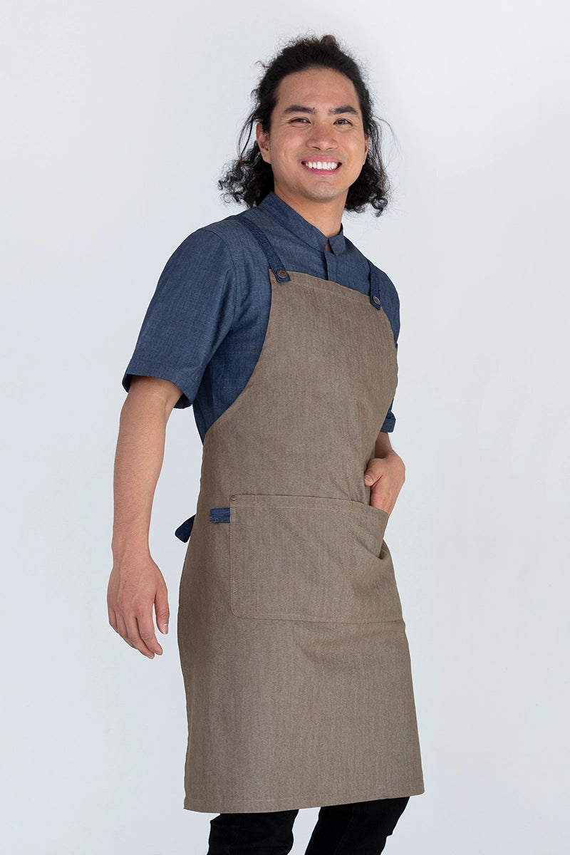 Aussie Chef Bella Bib Apron - Latte Brown-Blue Straps