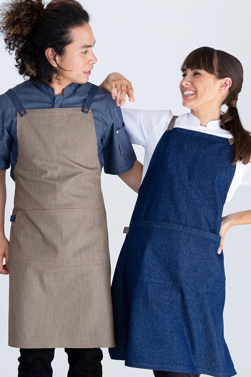 Aussie Chef Bella Bib Apron - Latte Brown-Blue Straps