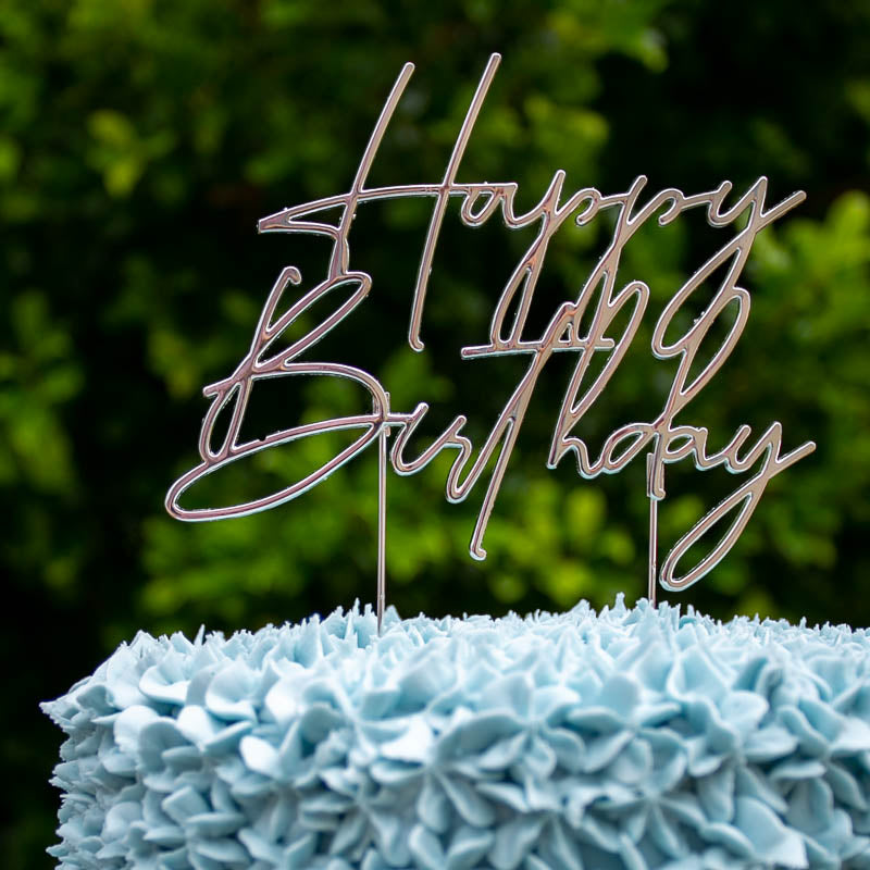 Cake & Candle Metal Cake Topper Happy Birthday 4 Silver
