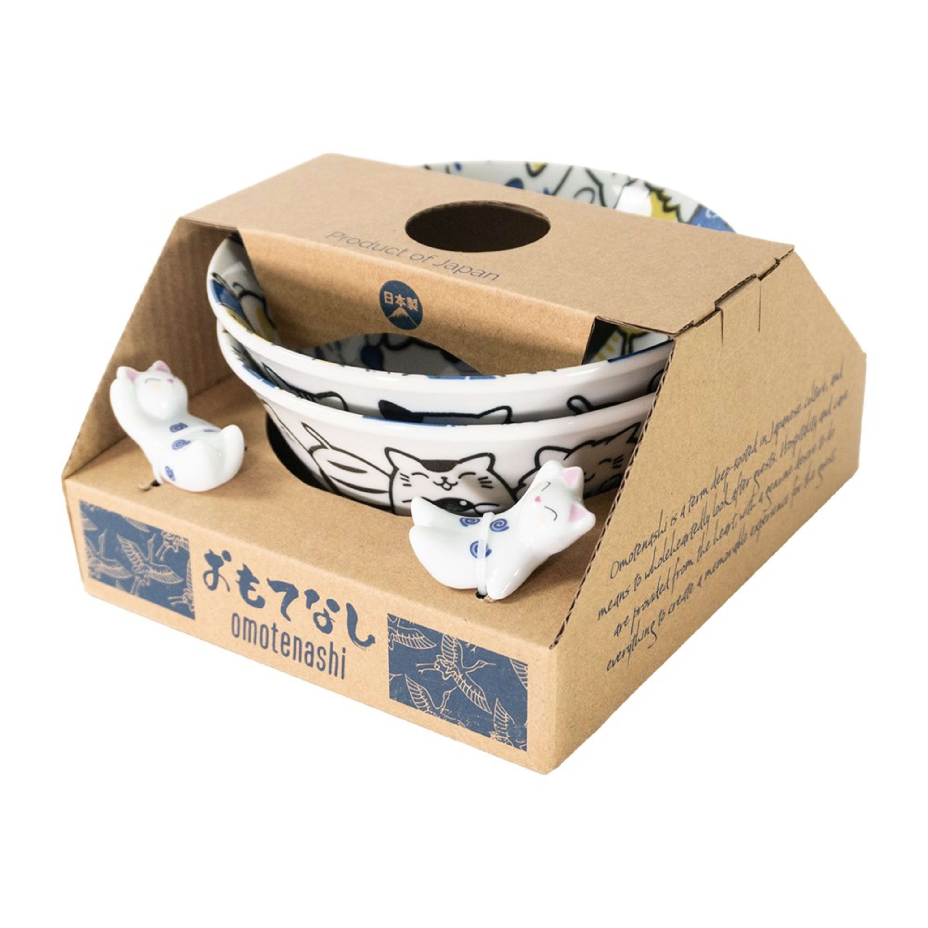 Omotenashi Purrfect Party Blue 4 Piece Bowl & Chopstick Rest Set 15x7cm