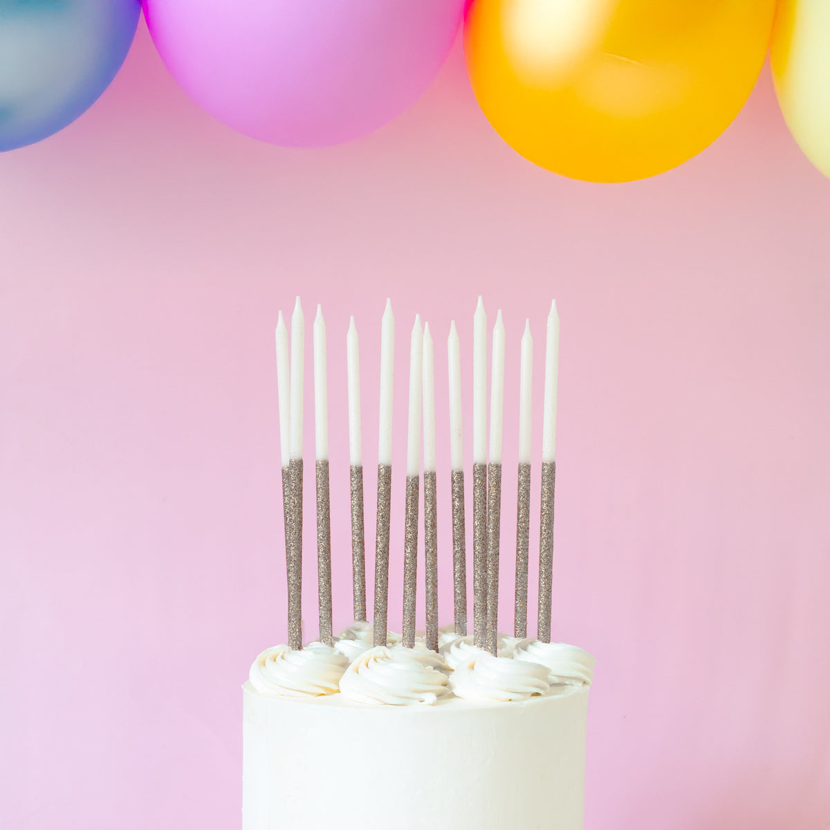 Cake & Candle Glitter Dipped Cake Candles Silver 12 Pack
