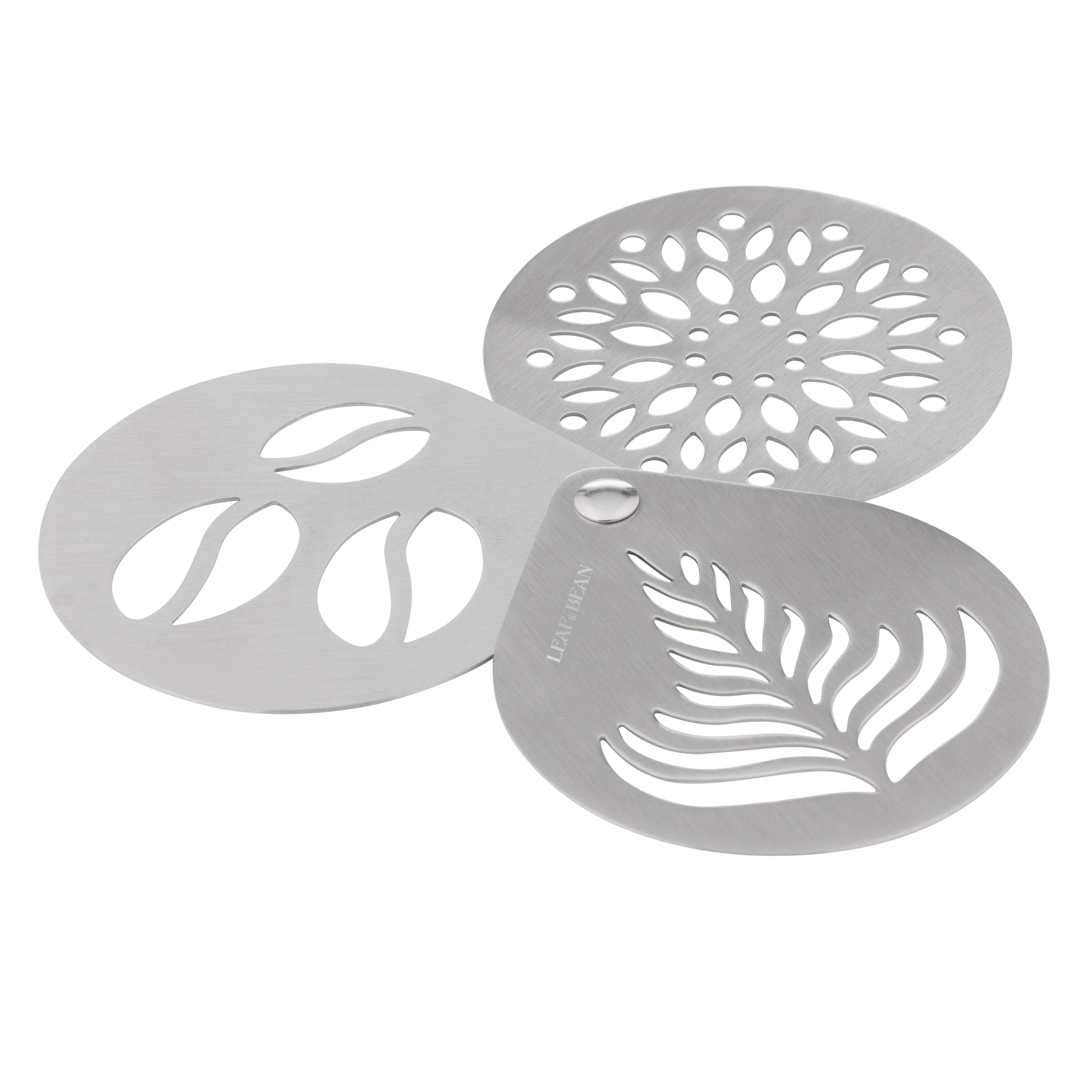 Leaf & Bean Coffee Stencils 3 Piece Set Stainless Steel
