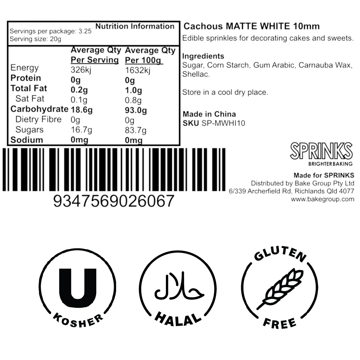 Sprinks Cachous Pearl Beads Matte White 10mm 65g