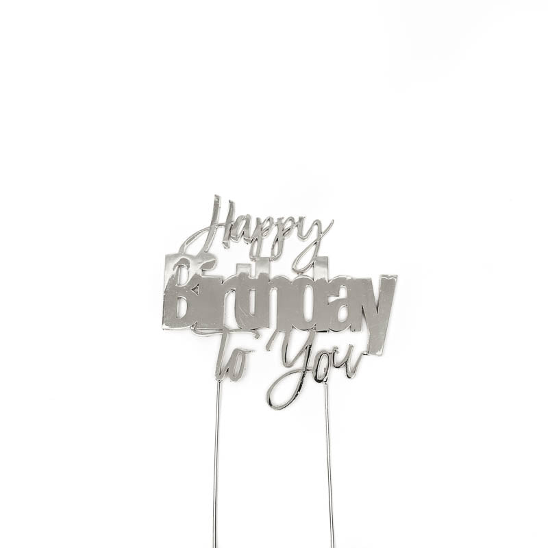 Cake & Candle Metal Cake Topper Happy Birthday to You Silver